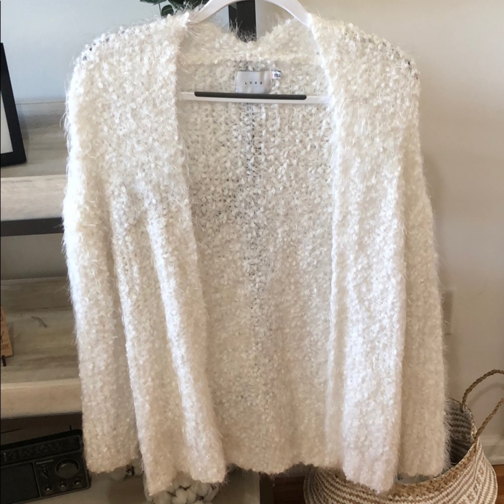 White fuzzy cardigan